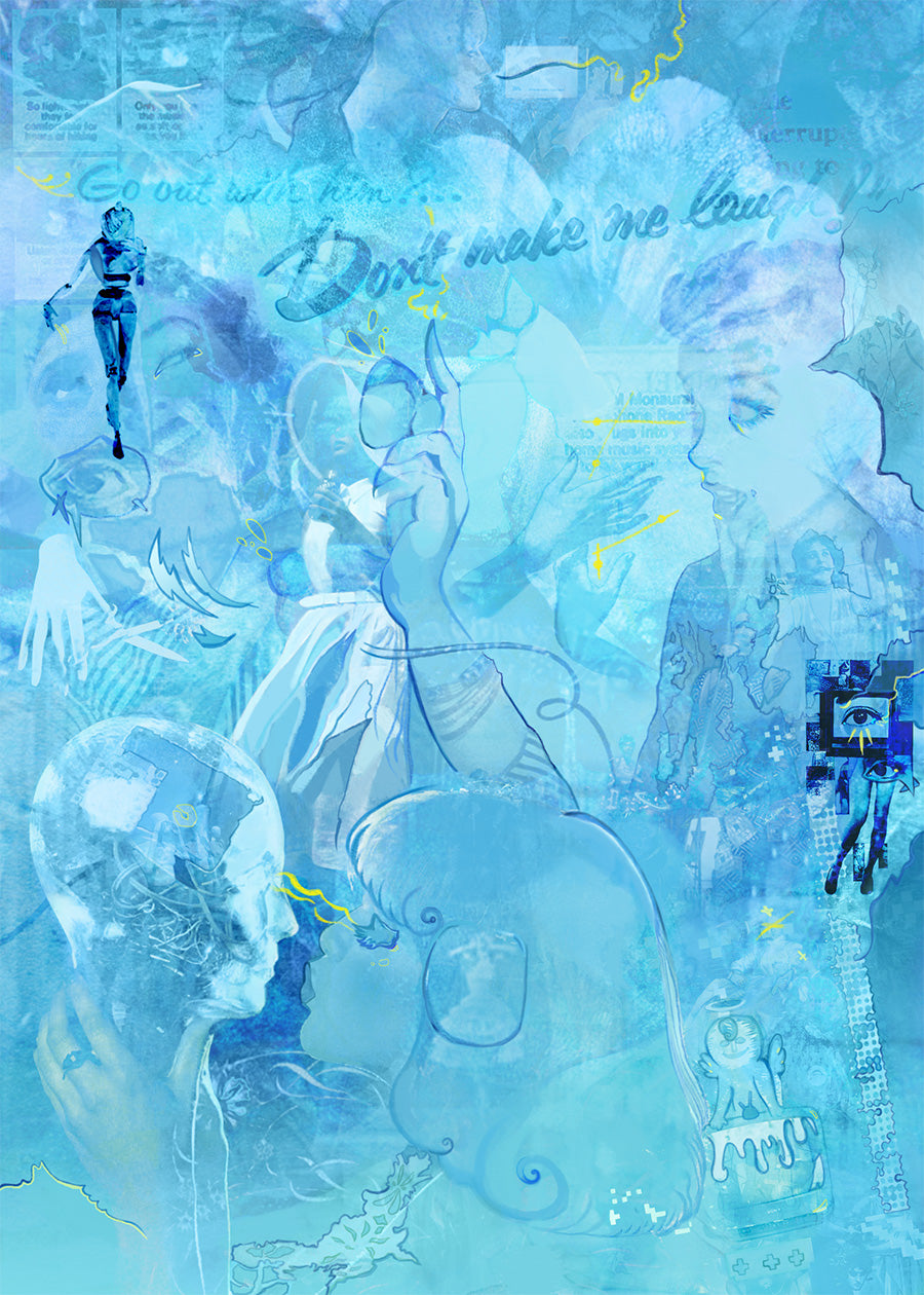 Abstract blue collage artwork featuring layered translucent figures, faces, script text, and collage elements in shades of cyan, light blue, and white.